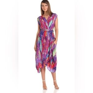 Charlie Jade Women's Multicolor 100% Silk‎ Belted Faux Wrap Dress Size XS